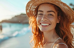 Woman smiling on beach, showing her nice teeth