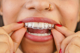 Close-up of woman’s mouth as she places aligner on her teeth