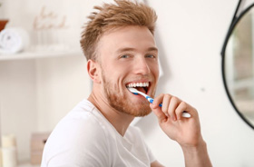Smiling young man brushing his teeth in bathroom