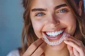 Close-up of smiling woman holding clear aligner close to her mouth