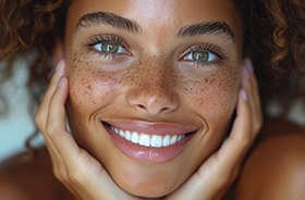 Close-up portrait of smiling woman with bright white teeth